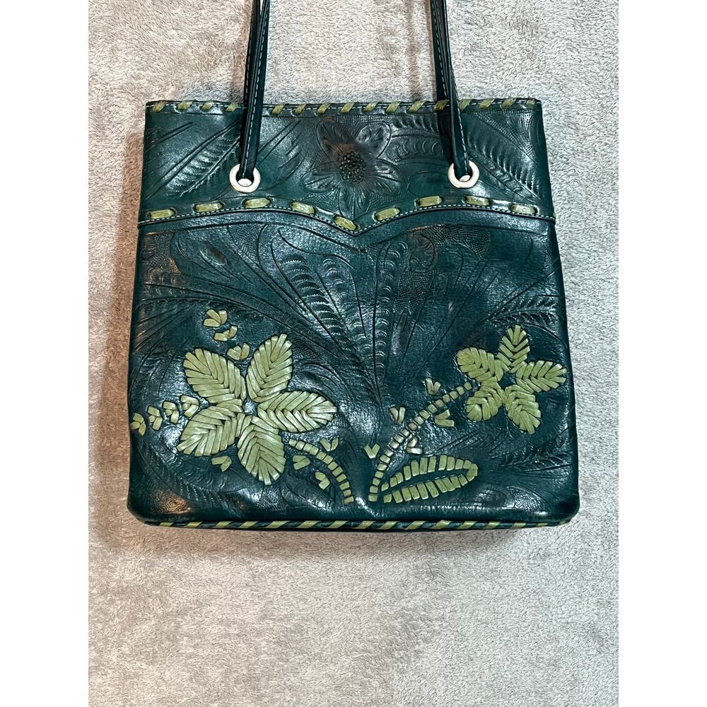 Tooled Leather Purse Green Floral Handmade in Paraguay Handmade Boho Western - Picture 2 of 9